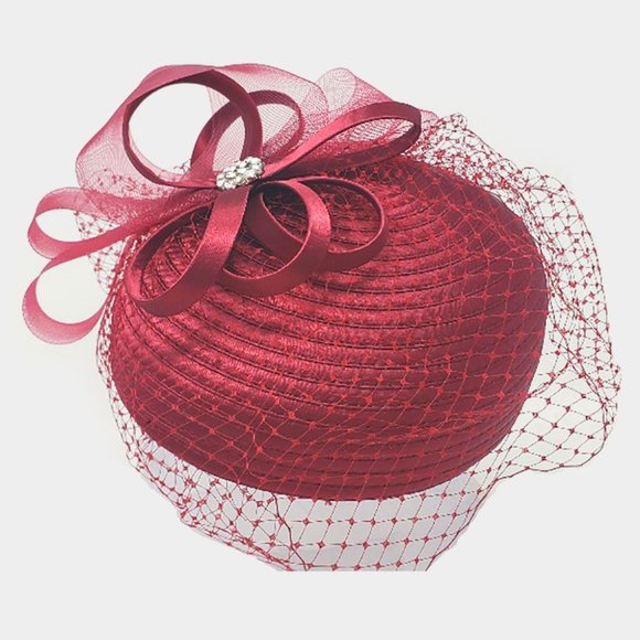 Burgandy Rhinestone Trim Feather Mesh Dressy Hat